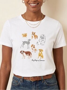 Talbots Dog Days of Summer White Cotton Graphic Tee Shirt Size Large Dog Lovers